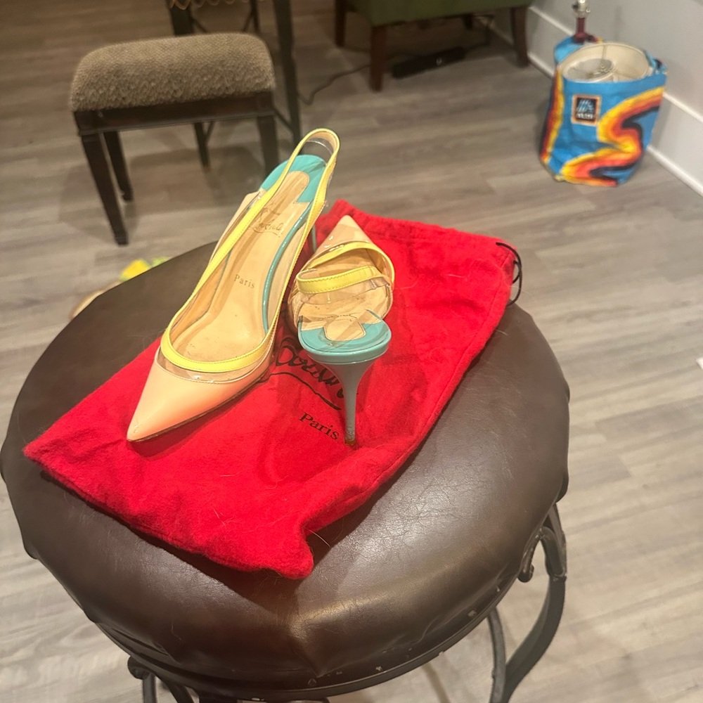 Christian Louboutin Beige and Yellow Slingback Heels - Picture 2 of 4